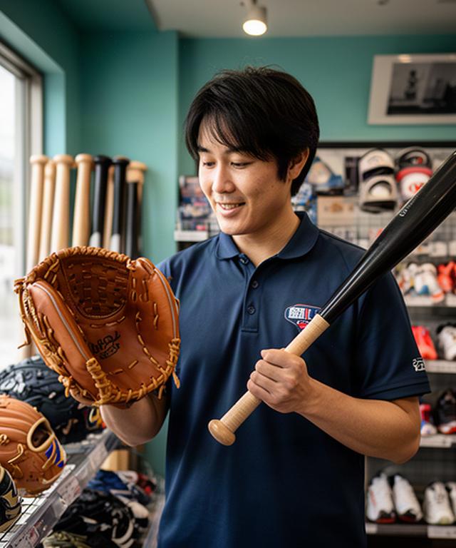 岩美町の野球用品店でグローブとバットを手に取って選ぶスタッフ
