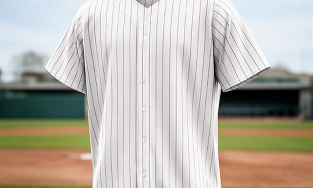 白地に細い線が入った野球ユニフォームを屋外グラウンドで撮影
