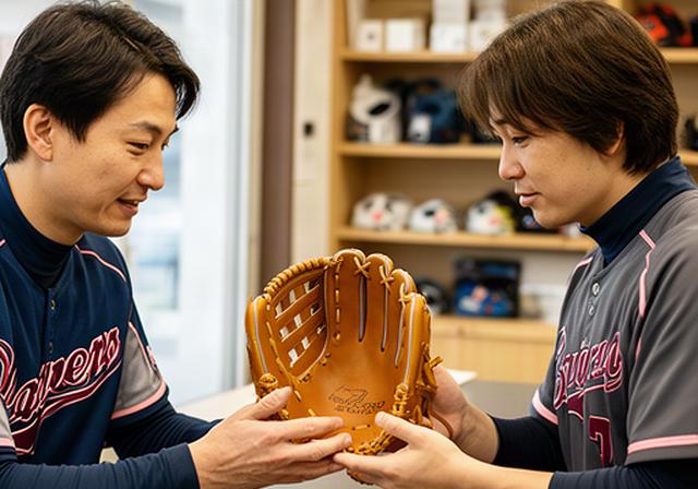 岩美町の野球用品店でスタッフが選手とグローブを確認する相談風景