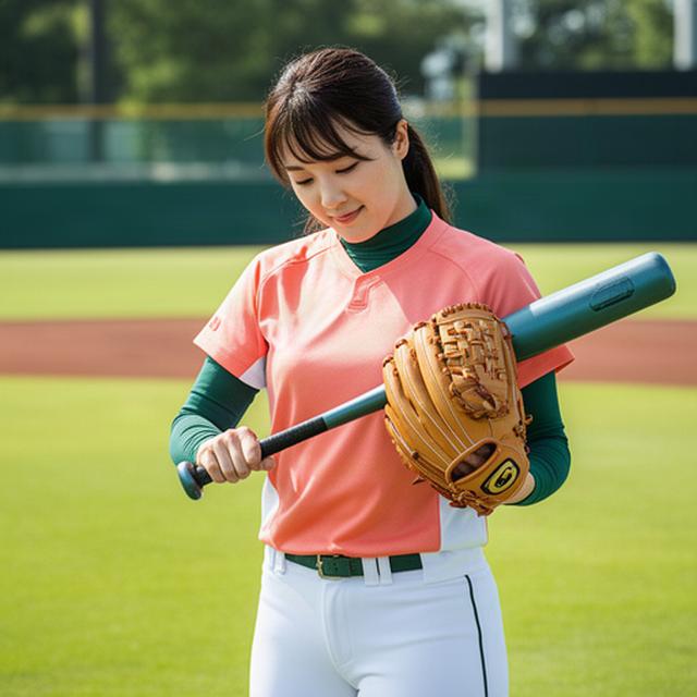 女子野球選手が明るいグラウンドで軽量バットとフィット感のあるグローブを確認する様子
